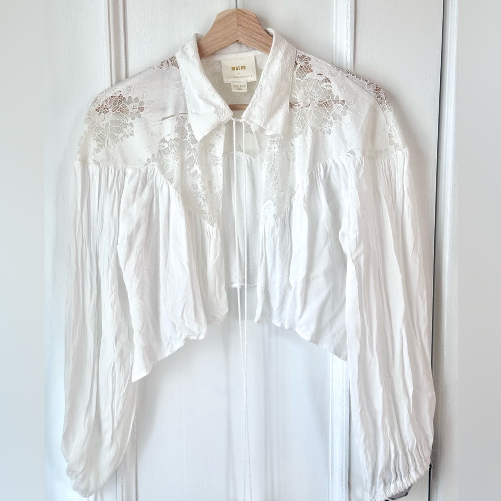 Anthropologie Maeve White Blouse Cropped Lace Shrug One Size